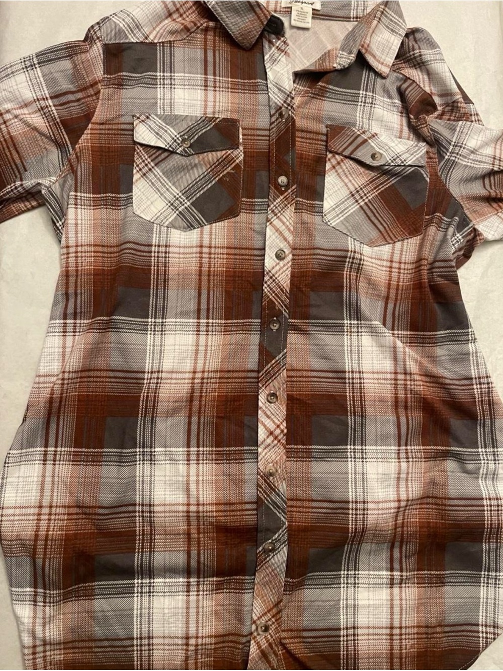 Brown, gray, and white plaid polyester & spandex shirt in XL